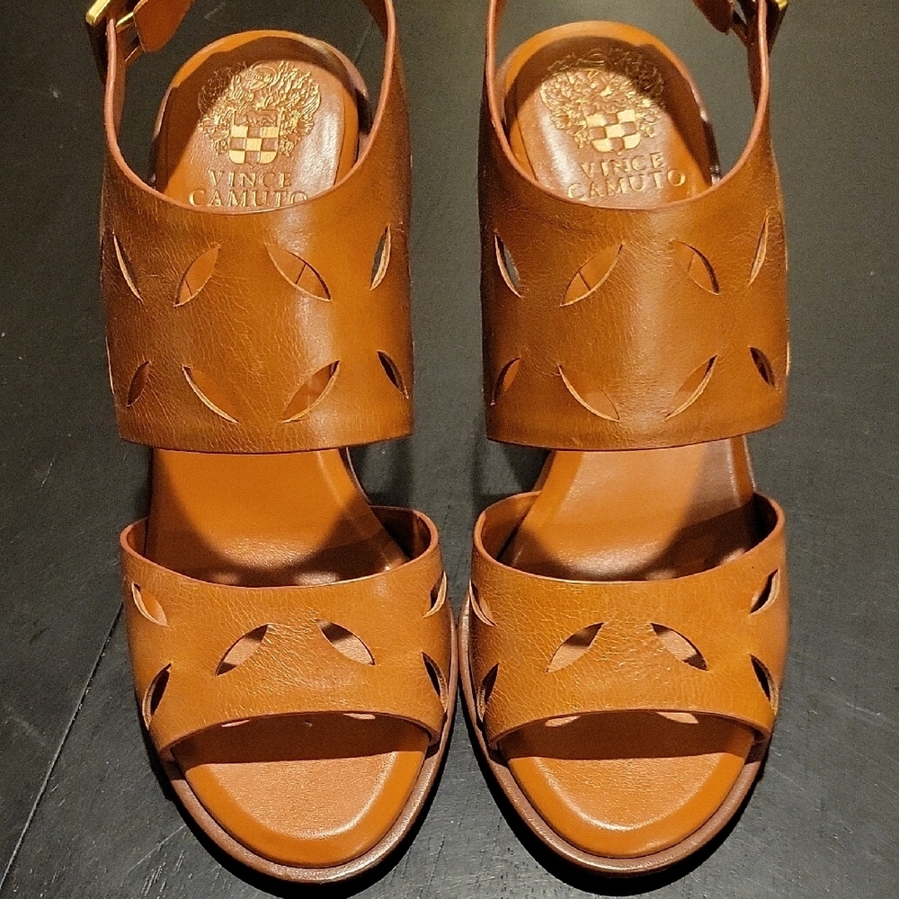 Vince Camuto Brown Chunky Heel Sandals with Cut-Out Design
